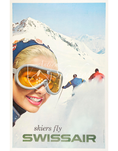 Vintage Swiss Ski Poster : SKIERS FLY SWISSAIR