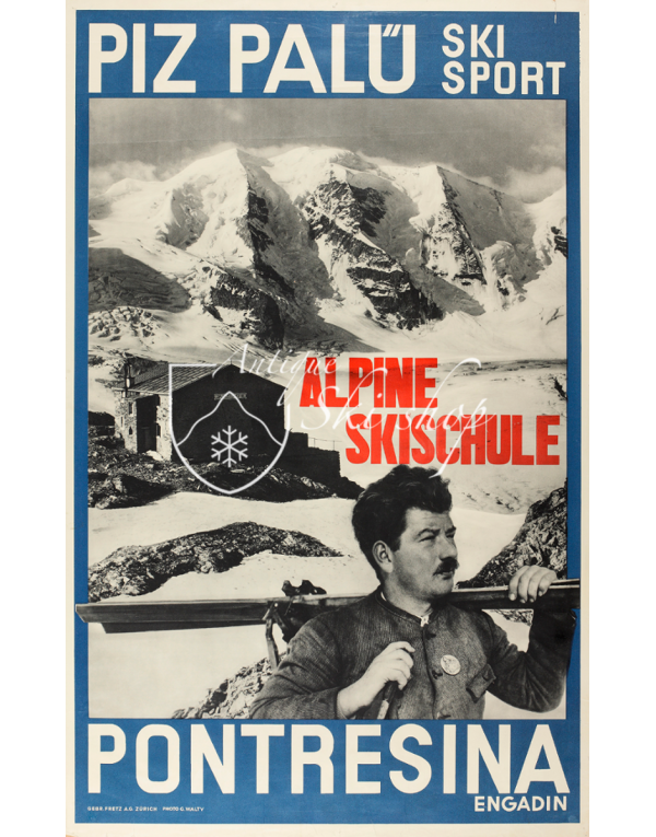 Vintage Swiss Ski Poster : PONTRESINA - PIZ PALU