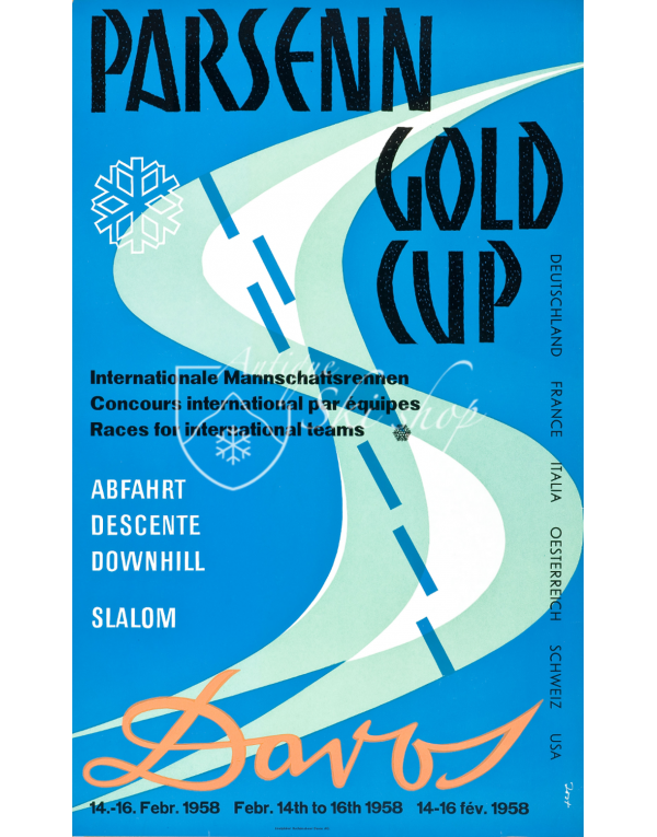 Vintage Swiss Ski Poster : DAVOS PARSENN: GOLD CUP 1958