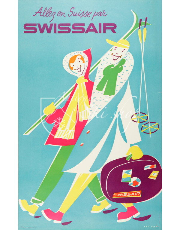 Vintage Swiss Ski Poster :  ALLEZ EN SUISSE PAR SWISSAIR