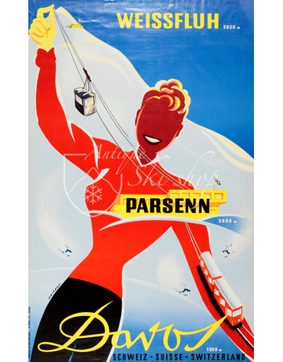Vintage Swiss Ski Poster : WEISSFLUH PARSENN DAVOS