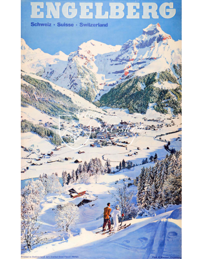 Vintage Swiss Ski Poster : ENGELBERG - MOUNTAINS & VILLAGE