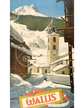 Vintage Swiss Ski Poster :  WALLIS, ZWITZERLAND