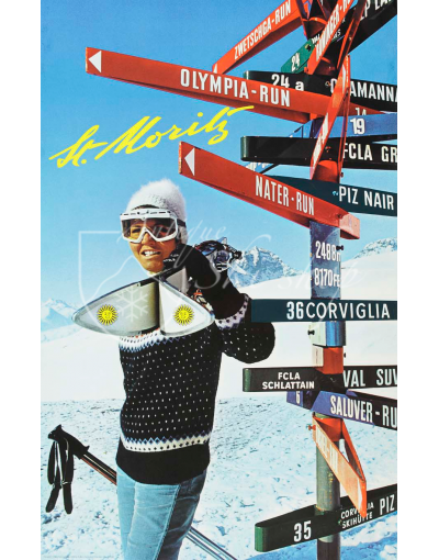 Vintage Swiss Ski Poster : ST. MORITZ "SIGN POST"