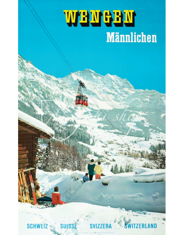 Vintage Swiss Ski Poster : WENGEN MANNLICHEN