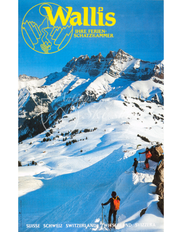 Vintage Swiss Ski Poster : WALLIS: IHRE FERIEN-SCHATZKAMMER