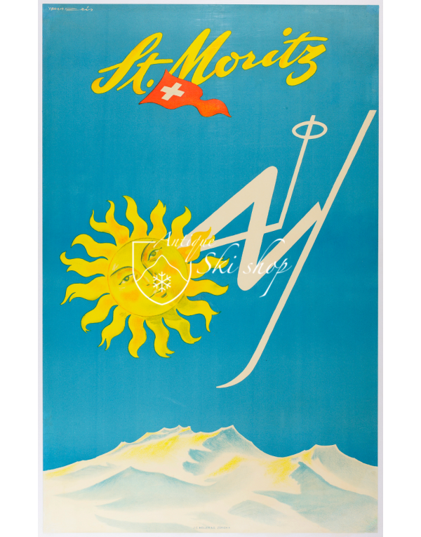 Vintage Swiss Ski Poster : St. Moritz - Sun Skier