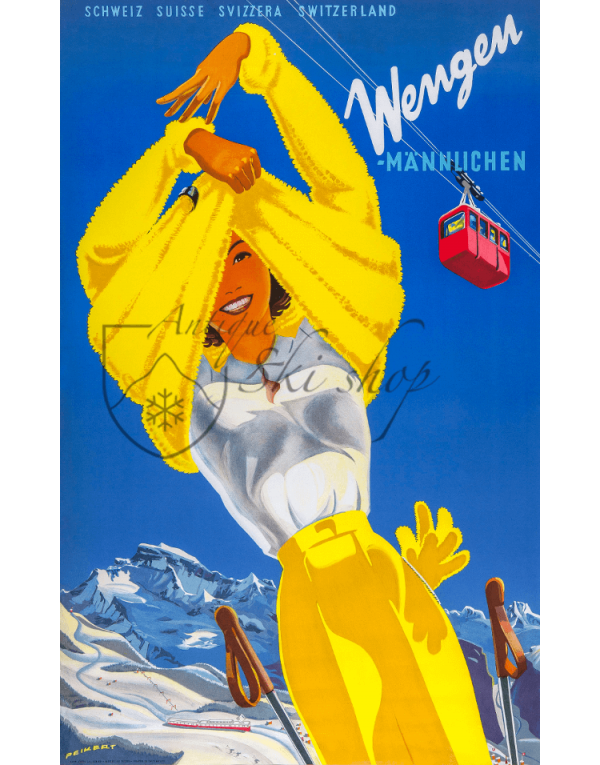 Vintage Swiss Ski Poster :  WENGEN (Woman in Yellow)