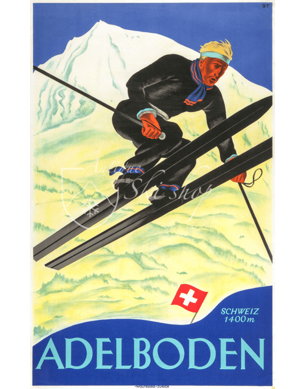 Vintage Swiss Ski Poster : ADELBODEN (Ski Jumper)