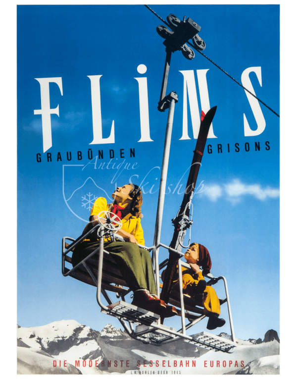 Vintage Swiss Ski Poster : FLIMS (Chairlift)