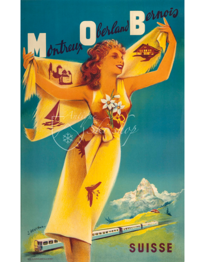 Vintage Swiss Travel Poster : MONTREUX-OBERLAND BERNOIS (MOB(