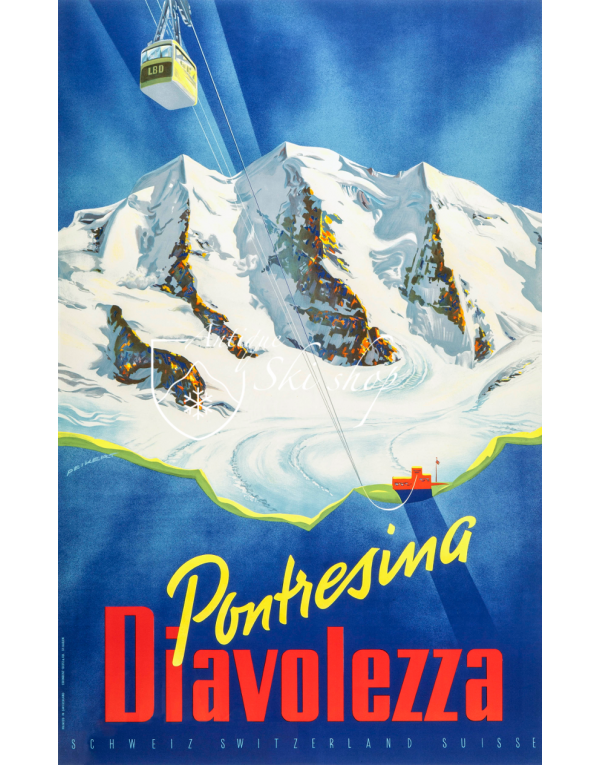 Vintage Swiss Ski Poster : PONTRESINA - DIAVOLEZZA