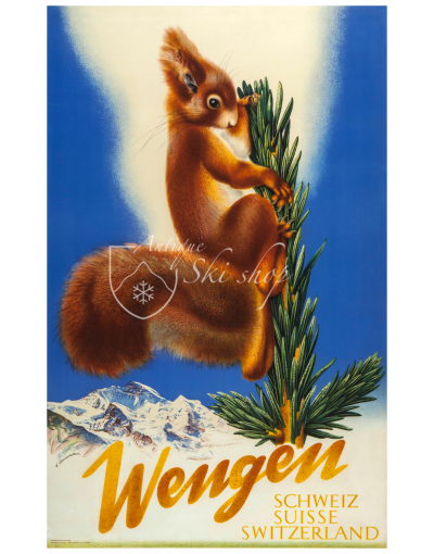 Vintage Swiss Ski Resort Poster : WENGEN (Squirell)