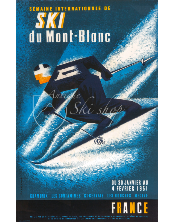 Vintage French Ski Poster : INTERNATIONAL SKI WEEK 1951 MONT BLANC - CHAMONIX
