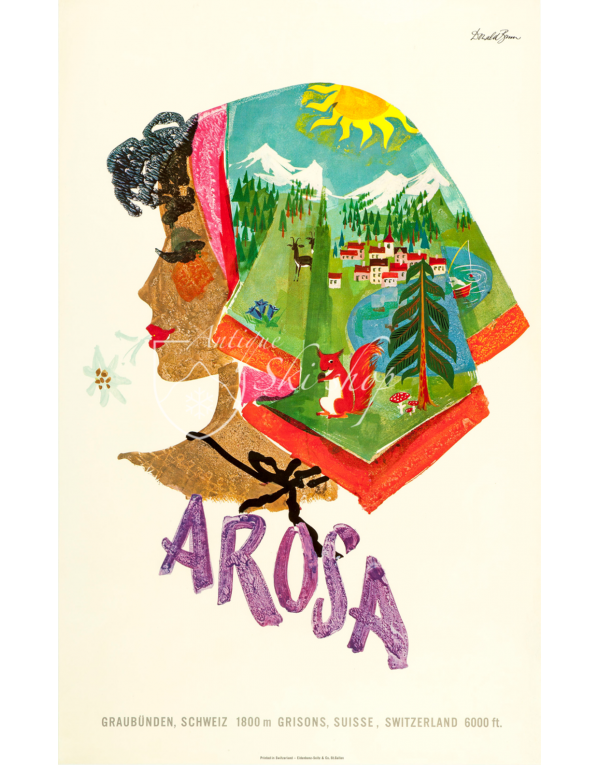 Vintage Swiss Resort Poster : AROSA - KERCHIEF SUMMER SCENES
