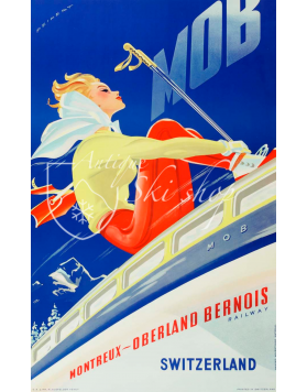 Vintage Swiss Ski Poster : MONTREUX-OBERLAND BERNOIS (MOB) Nr. 2