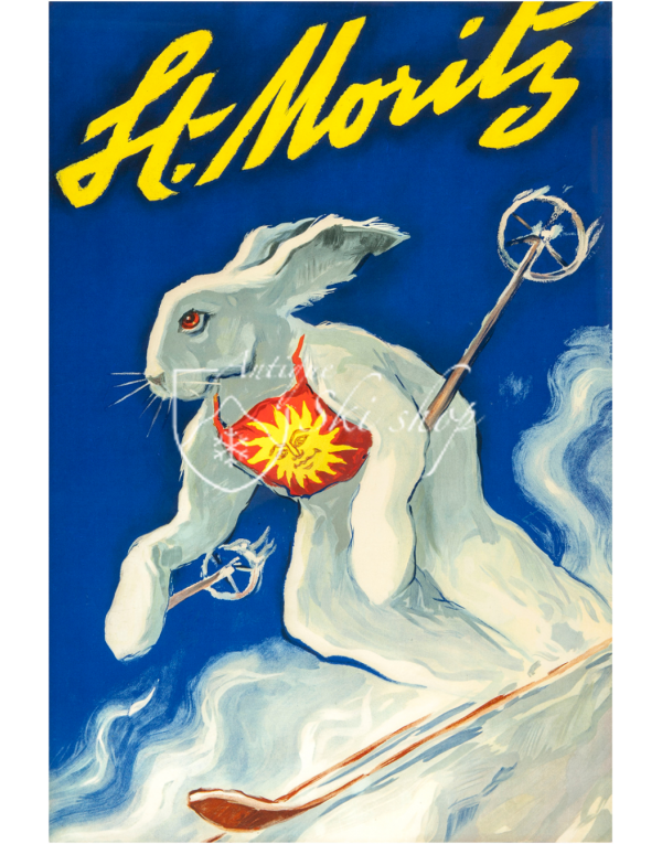 Vintage Swiss Ski Poster : ST. MORITZ (Snow Bunny)