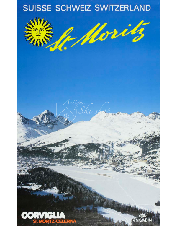 Vintage Swiss Ski Poster : ST. MORITZ - CORVIGLIA