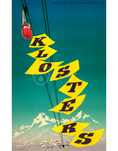 Vintage Swiss Ski Poster : KLOSTERS (CABLE CAR)