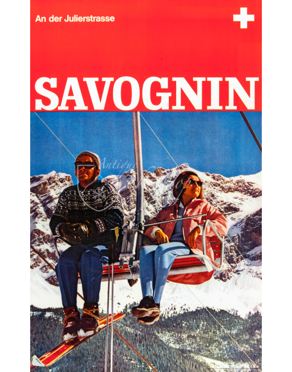 Vintage Swiss Ski Poster : SAVOGNIN (Chairlift)