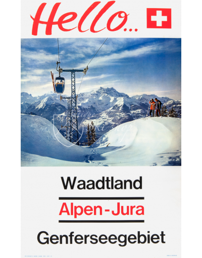 Vintage Swiss Ski Poster : HELLO... (Waadt/Vaud)