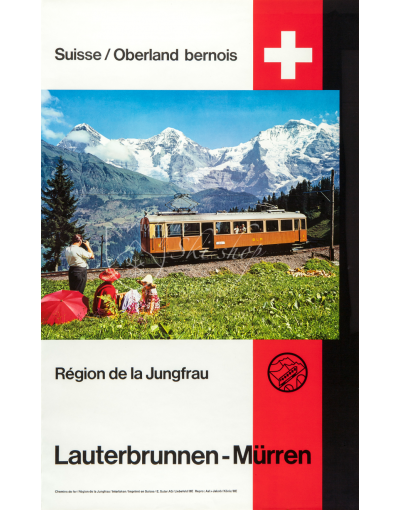 Vintage Swiss Travel Poster : JUNGFRAU - LAUTERBRUNNEN-MURREN