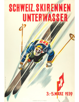 Vintage Swiss Ski Poster : Schweiz Skirennen: Unterwasser 1939