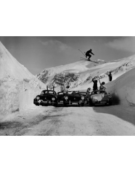 Vintage Ski Photo - Ski Jump over 5 Porsche 356's