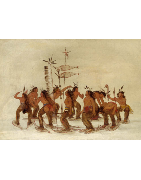 Ojibwe people performing the snowshoe dance, a celebration that took place at the first snowfall every year.