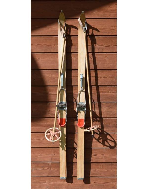 Antique Children Skis & Bamboo Poles (Restored)