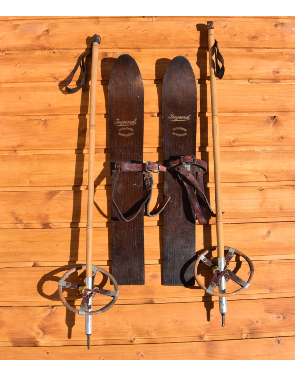 Antique "Gebrüder Hammer" Childrens Skis & Bamboo poles (Non Restored)